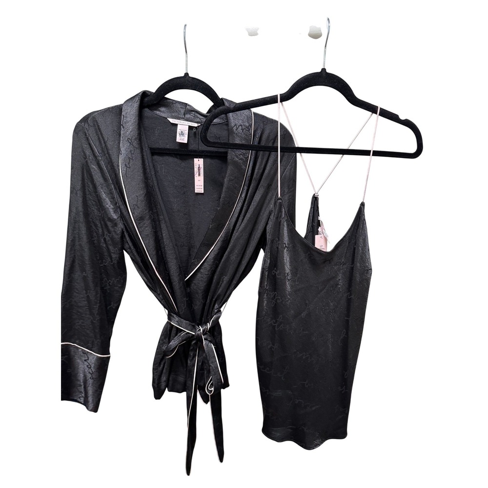 Victorias Secret Robe Set Womens S Black AOP Satin Slip Tank 2pc Lingerie NWT